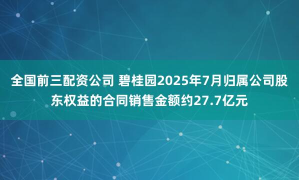 全国前三配资公司 碧桂园2025年7月归属公司股东权益的合同销售金额约27.7亿元